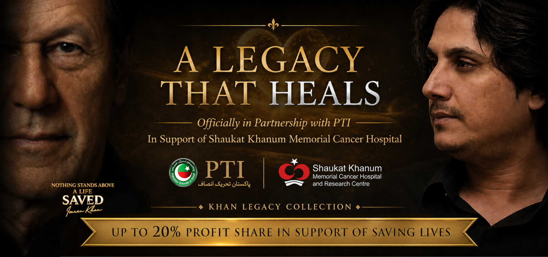 Khan Legacy perfume support banner highlighting legacy, cancer treatment support, PTI association, and Shaukat Khanum Memorial Hospital awareness